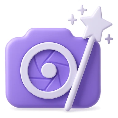 Clean and modern logo for photo restoration featuring a camera lens and magic wand, in a purple color style, no background. sticker