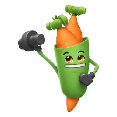 Generate an energetic carrot emoji wearing a sweatband, lifting tiny dumbbells, and looking motivated. sticker