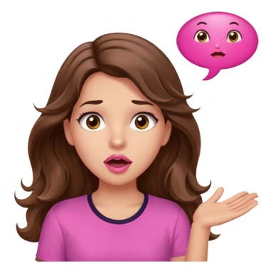 girl with long wavy brown hair, brown eyes, light to medium complexion, in a pink shirt, pink lips, long lashes, surprised, wow speech bubble sticker