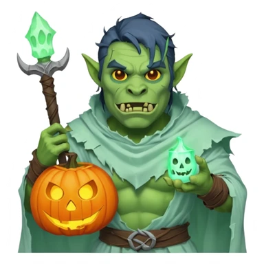 male orc warrior ghost emoji, green skin, tusks, wearing torn white ghost sheet costume, holding glowing jack-o'-lantern, faint blue aura, friendly but spooky expression, Halloween fantasy theme, Apple emoji style, clean white background, square sticker