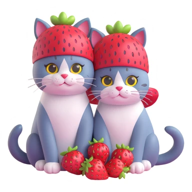 Two cats sitting closely together, both with strawberry hats on their heads sticker