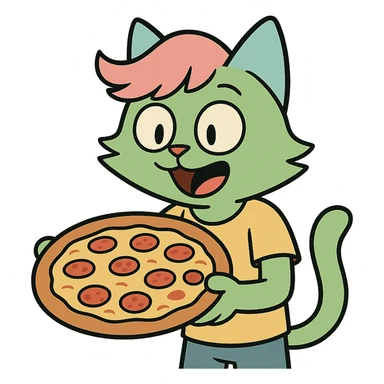 green cat with pink hair and blue ears holding a pizza sticker