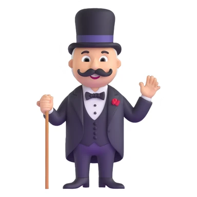 Rich Uncle Pennybags with mustache, top hat, tuxedo, and cane sticker