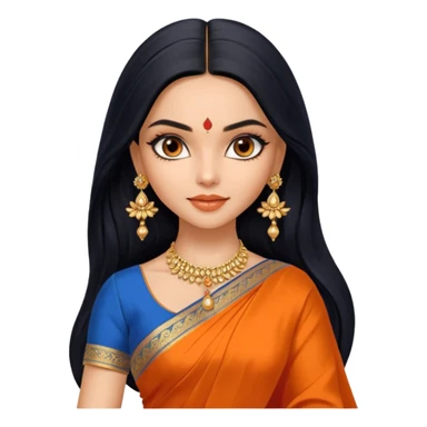 generate a pretty bratz Deepika Padukone with long black hair middle parted.
Wearing an orange saree with a blue blouse, golden jhumkas
SHe shoudl look like deepika padukone sticker