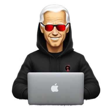 joe biden in a black hoodie with bright red glowing laser eyes typing on a macbook, joe biden, black hoodie, bright red glowing eyes, typing on macbook sticker