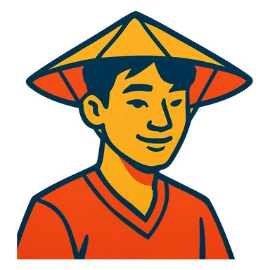 young Asian man with a rice hat sticker