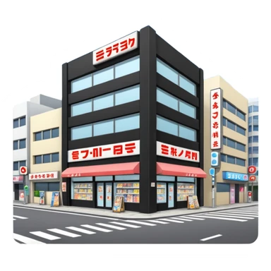 japanese anime store in modern style like in Akihabara with "anime" in japanese on a building sticker