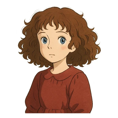 a girl with curly hair, pale skin, and blue eyes, ghibli-inspired style sticker