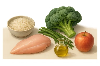 Riso basmati
Petto di pollo
Verdura fibrosa verde
Olio EVO
Mela
poggiati sul tavolo sticker