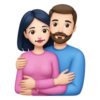 Tall white man with brown mustache goatee wearing blue AND a short pale woman with long black hair wearing pink, hugging sticker