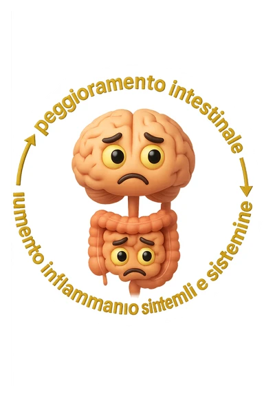 EMOJI STILE IPHONE 3D DI un cerchio con queste scritte che girano intorno "stress → peggioramento intestinale → aumento infiammazione → peggioramento sintomi intestinali e sistemici." al centro del cerchio metti un cervello e intestino umani collegati verticalmente con espressione dubbiosa in volto, FALLO MOLTO REALISTICO IN 3D sticker