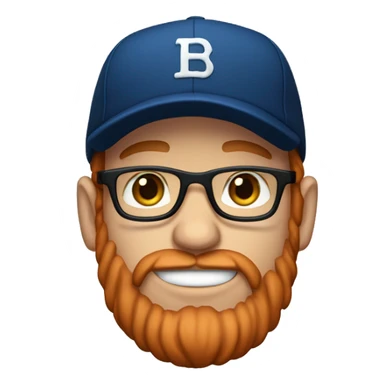 30 year old male with red hair, glasses, black baseball hat, blue eyes, pale complexion, and a beard sticker