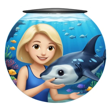 une personne qui est devant un aquarium où on peut carreser des raies menta sticker