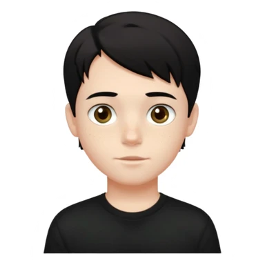 A beautiful boy with black hair and hazel green and brown eyes and white skin , with dark freckles and black t shirt with middle part hair hair with a center part haircut  sticker