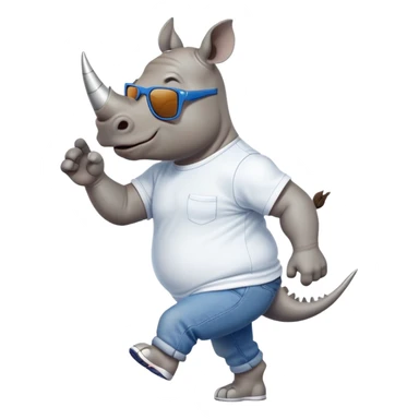 friendly anthropomorphised rhino in jeans and t-shirt, wearing dark sunglasses, jogging upright, standard pose sticker
