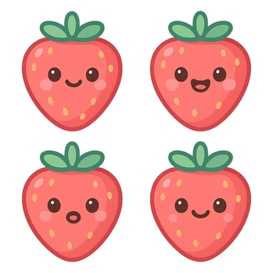 A series of illustrations stawberry in a kawaii emoji style, with detailed shading and highlights, thin clean outlines, soft and rounded features. Pastel color palette using  #FF5B5B, #CE4C4C,#CE4C4CThe style is inspired by modern Japanese pop art and sticker aesthetics. Highly detailed, vector clarity, soft lighting and subtle shadows. Transparent background without background. sticker
