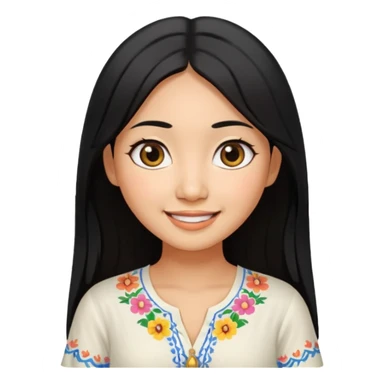 30 yr old asian woman center parted hair big eyes big smile tanned skin straight black hair hippie part hair white blouse sticker