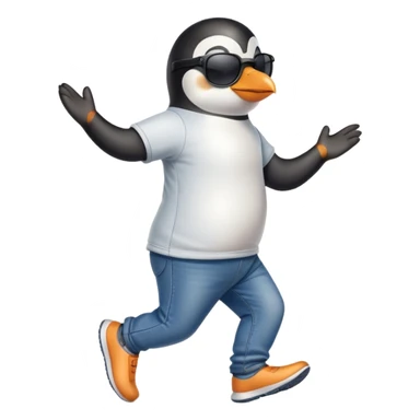 friendly anthropomorphised penguin in jeans and a t-shirt, wearing dark sunglasses, jogging upright, standard pose sticker