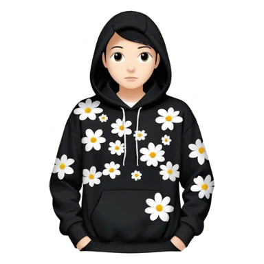 Generate a digital rendering of a standalone black hoodie displayed without a human model. The hoodie should feature scattered, medium-sized black and white flowers. Each flower consists of a bold, thick white ring forming the petals, with a completely hollow center, creating an open, circular look. The flowers should be irregularly shaped, asymmetrical, and evenly distributed across the hoodie, including the sleeves and hood. The design should be minimalistic—no detailed petals, shading, or filled centers, just simple, bold, hollow ring-like floral patterns sticker