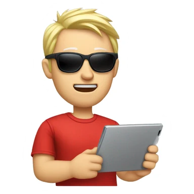 Nerdy middle aged white man with short blond spiky hair looking confused and wearing sunglasses and a red tee shirt holding an electronic tablet sticker