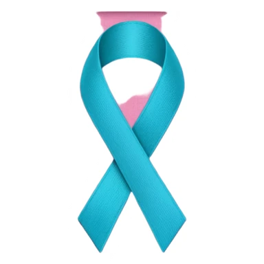 Thyroid cancer ribbon which has a blue strand, a pink strand and teal at the top where the ribbon crossed over sticker