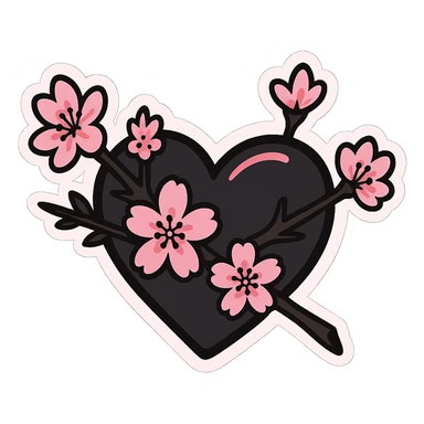 goth sakura heart, heart pierced by sakura branch, black and pink, expressive and fun sticker