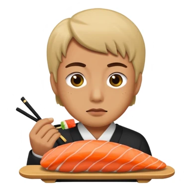 Man with small eyes eating sushi sticker