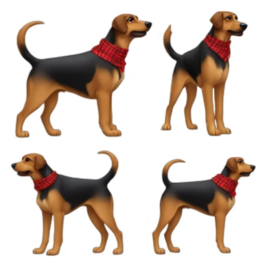 adult 75% Coonhound 25% German Shepherd mix dog with visible tail wearing small pointed red buffalo plaid bandana full body walking left quickly sticker