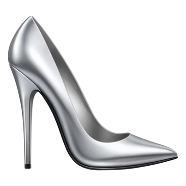A pair of high heel shoes emoji made of polished silver chrome, elegant sharp silhouette, smooth metallic surface, glossy reflections, luxury sexy vibe, minimalistic iOS emoji style, centered, clean white background sticker