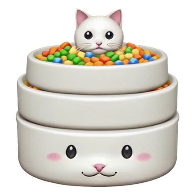 in the style of pixel art, make a cat pet food bowl . In the bowl is white cat food which is piled so high on top of the bowl. There are small pieces of rainbow food in the bowl too. there is only food in the bowl sticker
