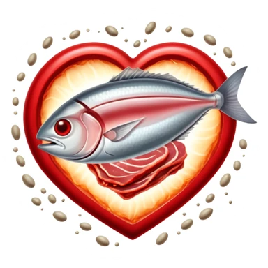 Ethereal red meat, liver, and sardines glowing with magical energy surrounding a bright red blood cell. Mystical light connects the foods to the blood cell and flows toward a heart and muscles, showing heme iron's role in creating vitality and energy throughout the body. sticker