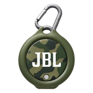 Minimalist JBL Clip 4 speaker with circular shape, carabiner clip, green camouflage pattern, and small JBL logo in the center, iOS emoji style sticker