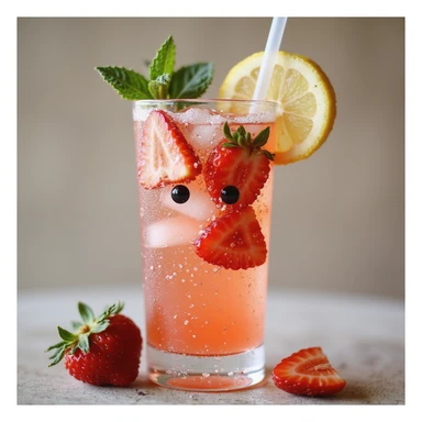 sophisticated realistic strawberry spritz lemonade in a tall glass with pink sparkling liquid, strawberry slices, ice, lemon, mint, glass straw, face gently formed by condensation with warm lifelike eyes and soft inviting expression, refreshing elegant sticker