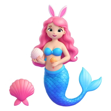 3D iOS-style illustration of a cute bunny mermaid holding a singing seashell, soft pastel colors, mermaid tail with gradient pink and blue hues, gentle whimsical expression, smooth rounded glossy style, Apple 3D emoji look sticker