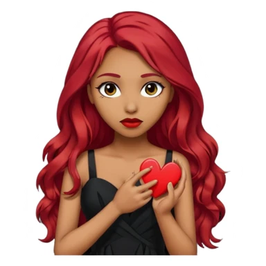  woman light olive skin long red hair dark make up olive skin holding a broken heart black dress sticker