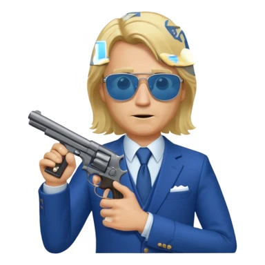 A blond man in a blue suit with a Colt pointing forward. The audience , and long hair and san glasses sticker
