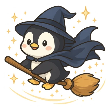 penguin wizard flying on a broomstick, with a cape fluttering, magical atmosphere sticker