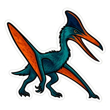Convert the image to a sticker style with bold outlines and vibrant colors. Keep only the Quetzalcoatlus dinosaur and remove the background. The style should resemble cartoonish stickers with a clean and bold look. sticker