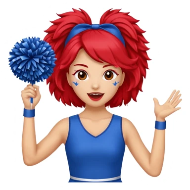 football cheerleader, holding a cheering pom, blue dress and red skin sticker