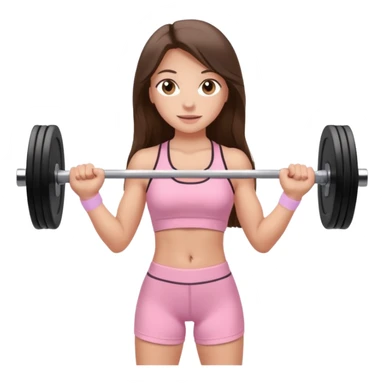 white happy brunette teen long hair with hazel eyes in light pink workout clothes holding a barbell  sticker