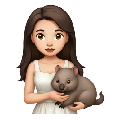 Beautiful woman in 1950’s woman fashion look, white dress, long dark brown hair, wombat sticker