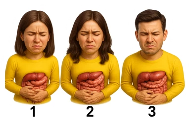 emoji stile iphone di 3 persone, due donne e un uomo, con intestino realistico e mal di pancia, sulle donne ci sono i numeri 1, 2 e sull'uomo il 3, iperrealistico 4k sticker