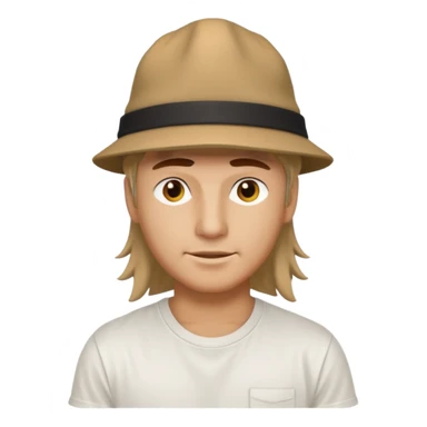 White tshirt, tan hat, mullet sticker