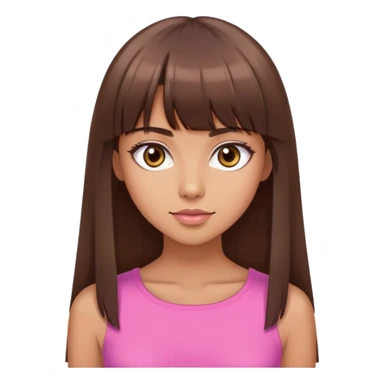 beautiful woman, tan skin, big brown eyes, straight long brown hair, bangs, model, pink top sticker