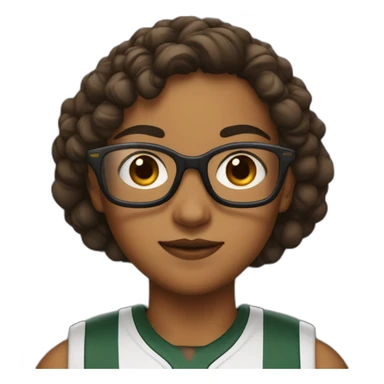 A girl with boyish hair, glasses, a line on her eyebrows, brown eyes, and a basketball player sticker