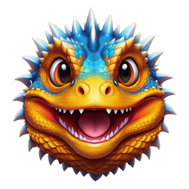 Cinematic Comical Bearded Dragon Portrait Emoji, Head tilted dramatically with an exaggeratedly amused expression, featuring a striking, glossy scaled hide with a quirky, spiky beard and wide, expressive eyes full of playful disbelief, Simplified yet hilariously expressive features, highly detailed, glowing with a slightly sassy glow, high shine, dramatic yet playful, stylized with an air of cheeky mischief, bright and endearing, soft glowing outline, capturing the essence of a spirited and over‐the‐top dragon, so meme‐worthy it feels like it could snap its jaws into internet fame instantly! sticker