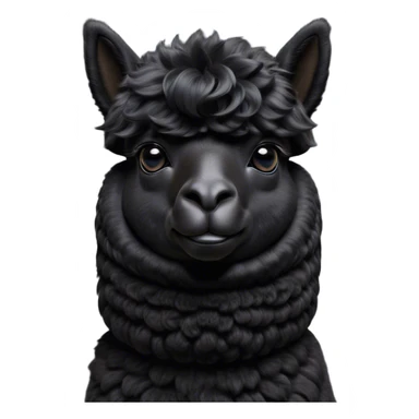 Cinematic Noble Black Alpaca Portrait Emoji, Poised and regal, with a striking, sturdy build and a sleek, well-groomed jet-black fleece, deep-set soulful dark eyes, Simplified yet sharp and sophisticated features, highly detailed, glowing with a soft, dignified glow, high shine, intelligent and mysterious, stylized with an air of elegant austerity, focused and attentive, soft glowing outline, capturing the essence of a watchful and confident companion, so majestic it feels as though it could stride out of the screen with effortless authority! sticker