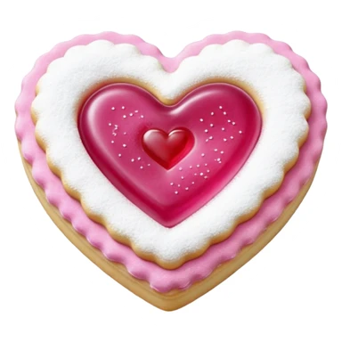Realistic shortbread cookie in the shape of a heart with pink jelly middle filling and sprinkled powder sugar on top. sticker
