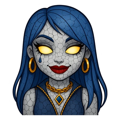 Add cracked porcelain effect to the emoji, keep glowing eyes, creepy gyaru style, blue hair, pretty makeup, bratz baddie vibe, emoji style, with no background. sticker