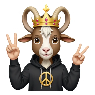Goat with horns wearing black hoodie and a royal crown do the peace sign sticker